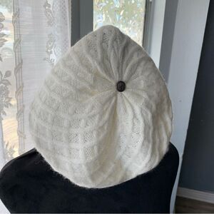 Women’s White Knit Beret with Button Accent –Cozy Parisian Winter Hat coquette